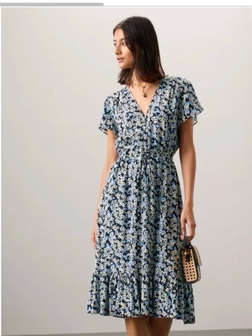 Tails Kiki Floral V‑Neck Midi Dress in Navy and Light Blue. Original price $238.